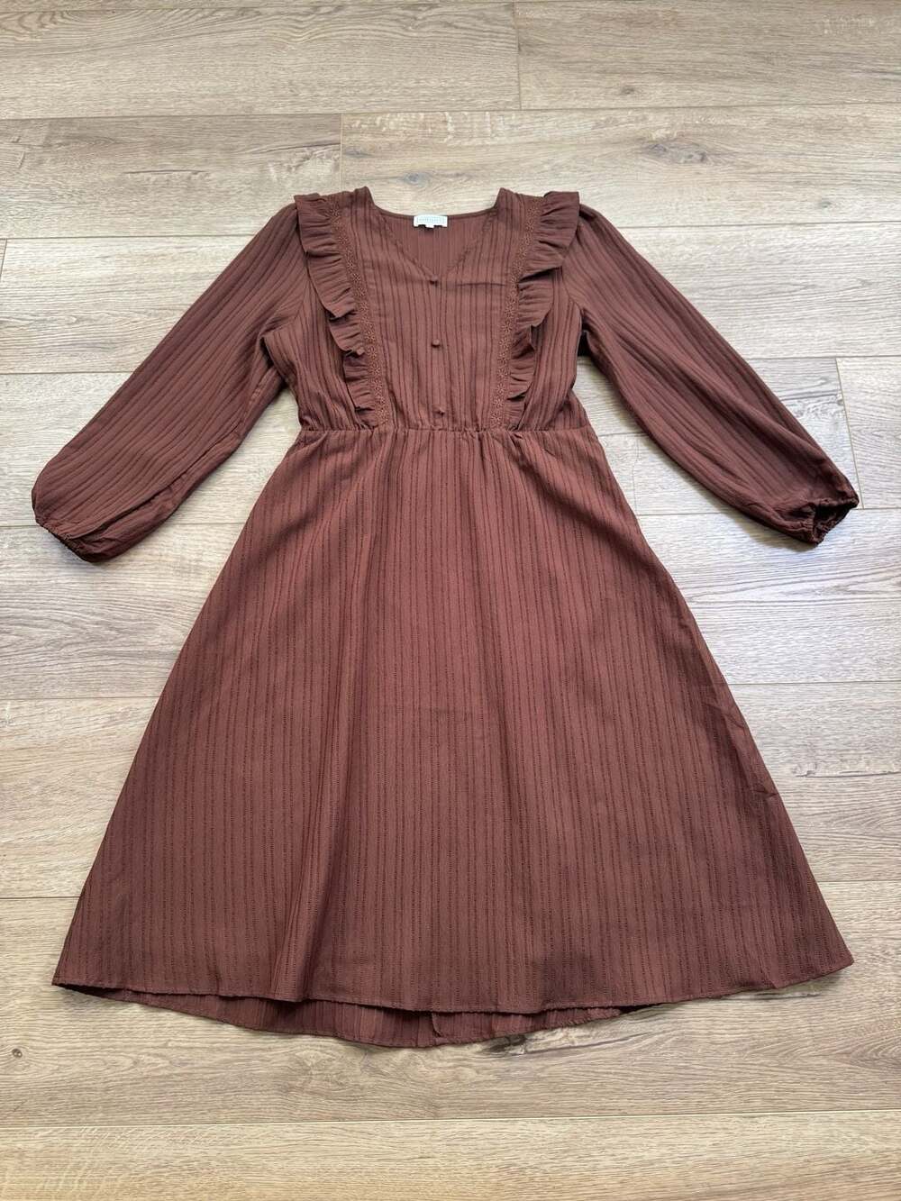 Sweet Salt Brown Midi Dress Womens L Ruffle Long Sleeve Stretch Cottagecore - Picture 2 of 16